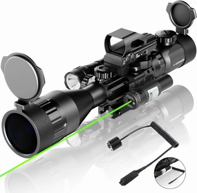 4-16x50AO Rifle Scope Combo Red/Green Dual Illuminated with Green Laser 4 Holographic Reticle Red Dot 5Modes Flashlight for Rail Mount