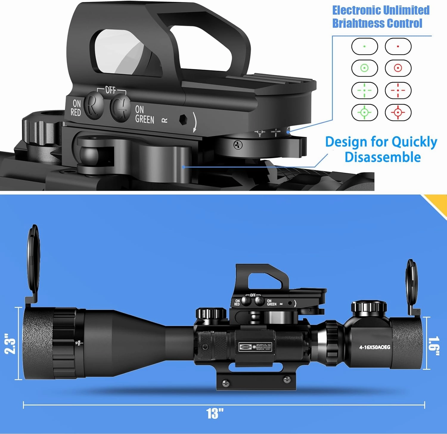 4-16x50AO Rifle Scope Combo Red/Green Dual Illuminated with Green Laser 4 Holographic Reticle Red Dot 5Modes Flashlight for Rail Mount