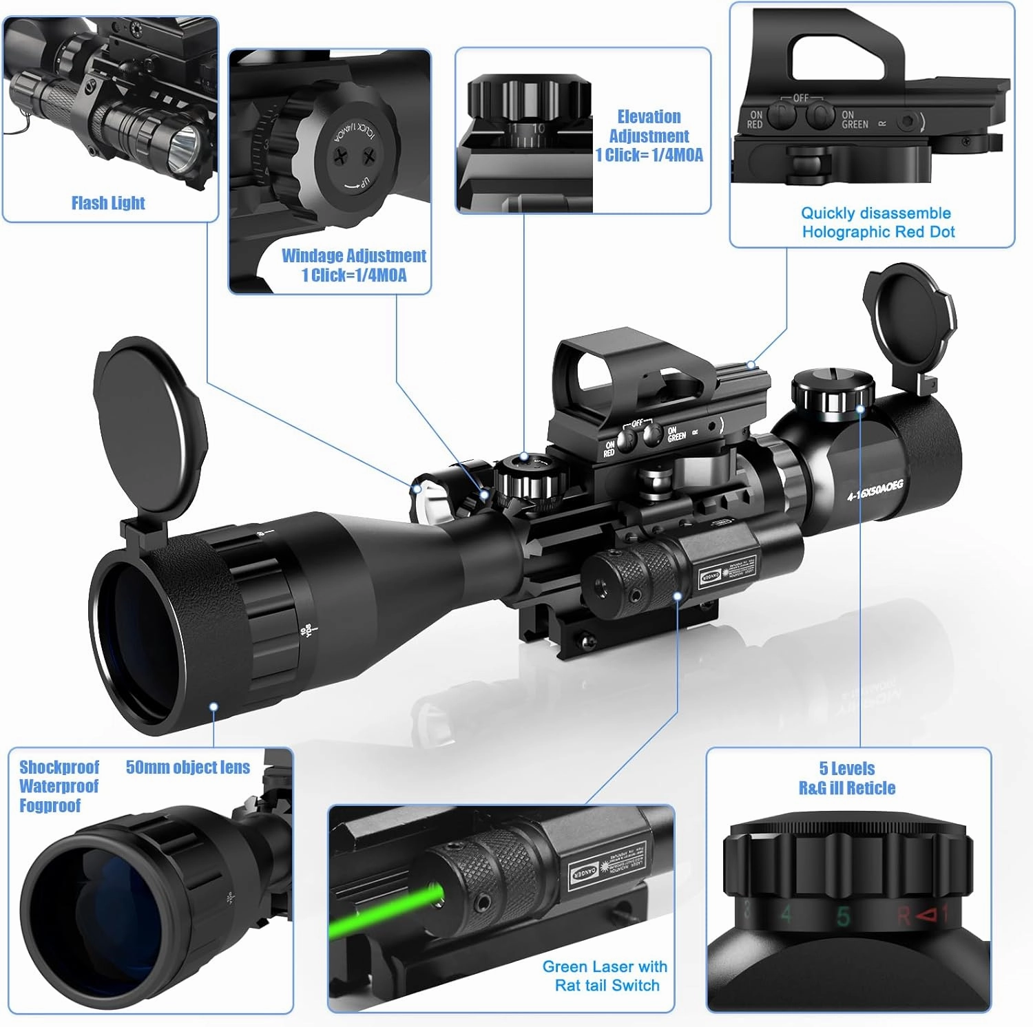 4-16x50AO Rifle Scope Combo Red/Green Dual Illuminated with Green Laser 4 Holographic Reticle Red Dot 5Modes Flashlight for Rail Mount