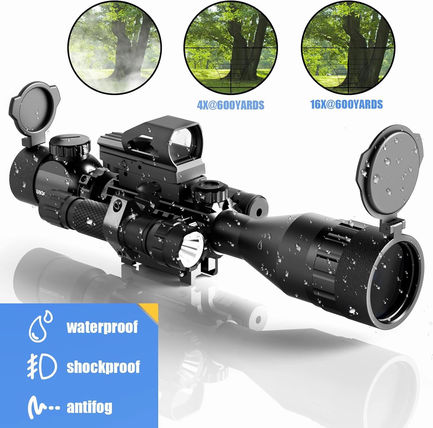 4-16x50AO Rifle Scope Combo Red/Green Dual Illuminated with Green Laser 4 Holographic Reticle Red Dot 5Modes Flashlight for Rail Mount