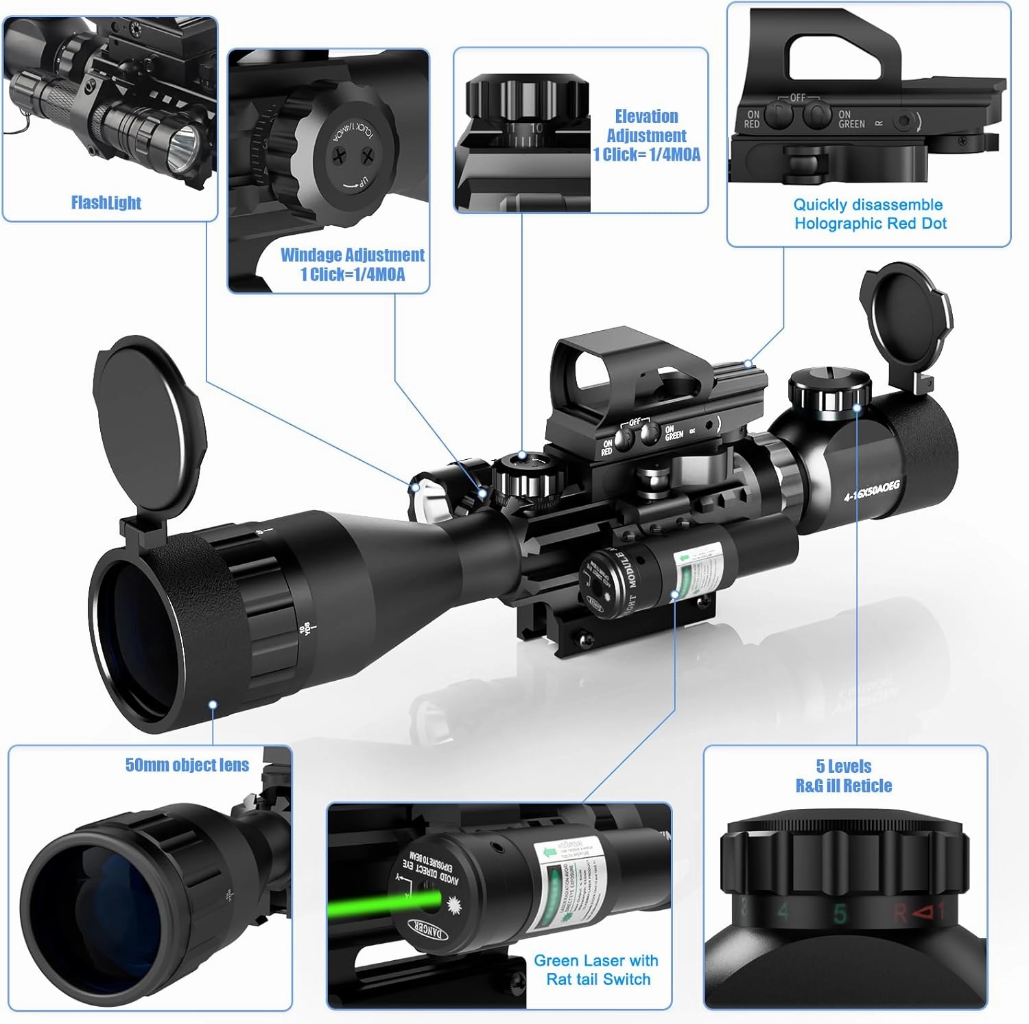 4-16x50AO Rifle Scope Combo Red/Green Dual Illuminated with Green Laser 4 Holographic Reticle Red Dot 5Modes Flashlight for Rail Mount