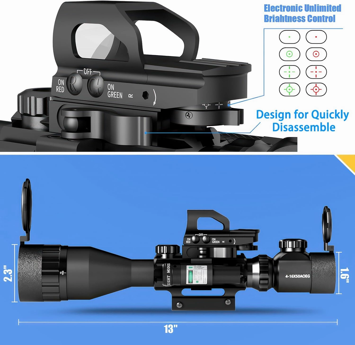 4-16x50AO Rifle Scope Combo Red/Green Dual Illuminated with Green Laser 4 Holographic Reticle Red Dot 5Modes Flashlight for Rail Mount