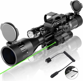 4-16x50AO Rifle Scope Combo Red/Green Dual Illuminated with Green Laser 4 Holographic Reticle Red Dot 5Modes Flashlight for Rail Mount
