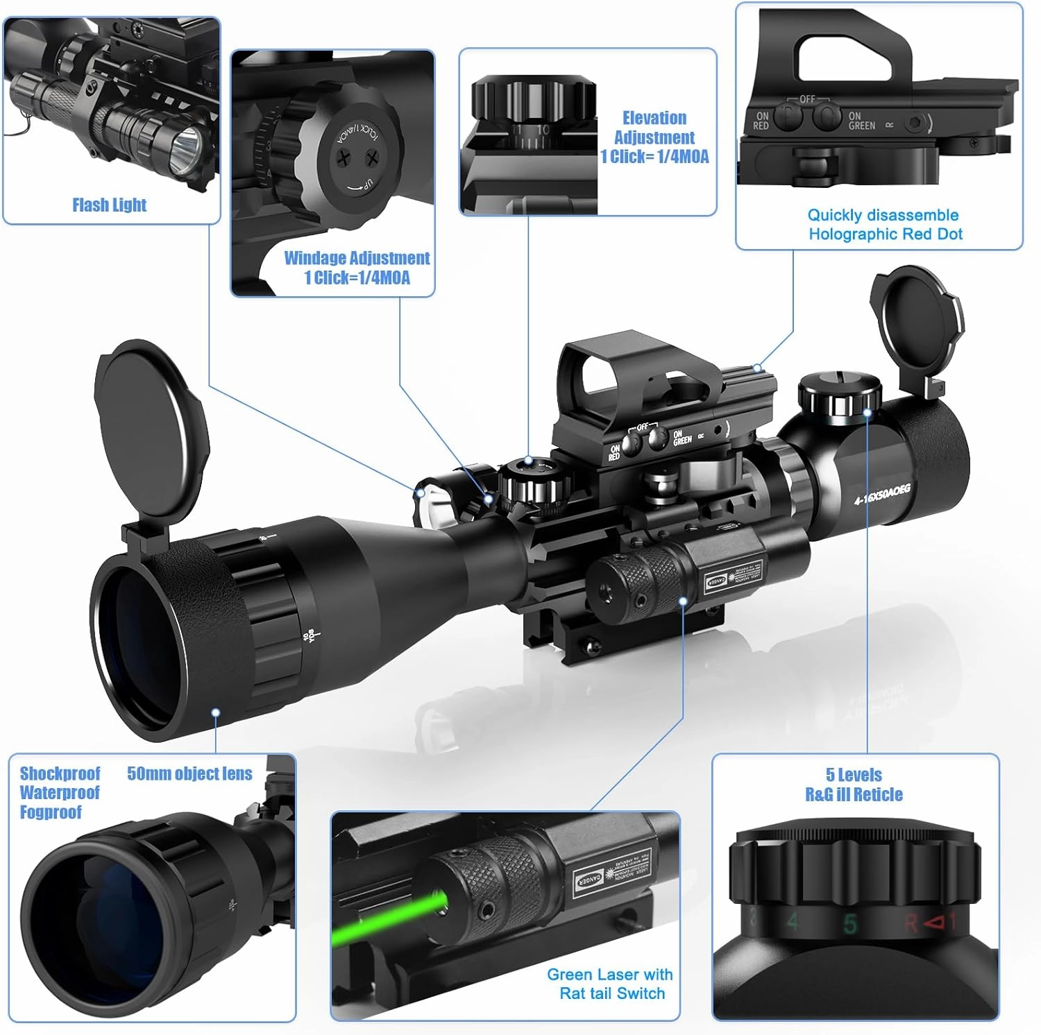 4-16x50AO Rifle Scope Combo Red/Green Dual Illuminated with Green Laser 4 Holographic Reticle Red Dot 5Modes Flashlight for Rail Mount