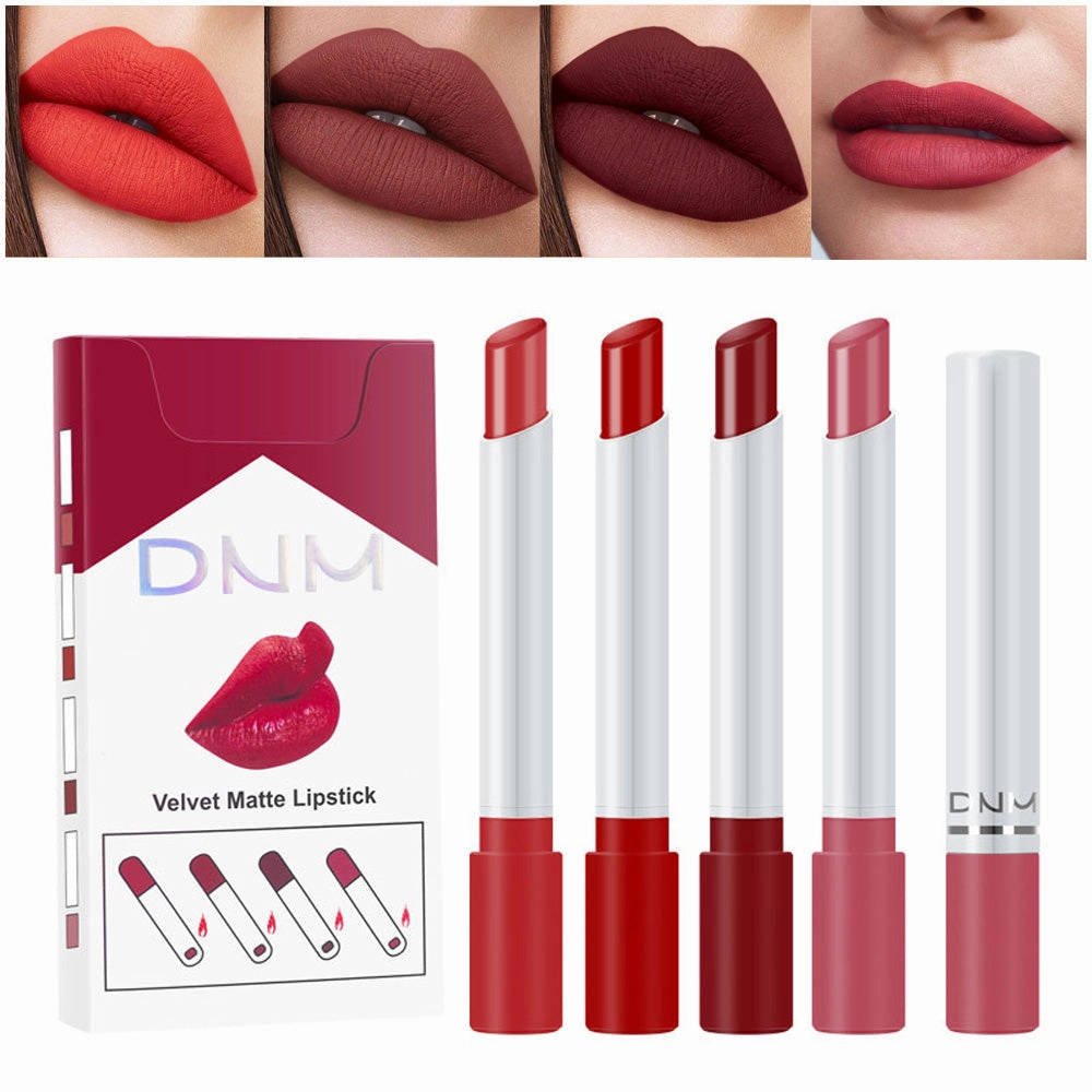 4 Pack Mini Matte Red Cigarette Lipstick Sets Lip Kit, DNM Litte Smoke Tube Moisturizing Velvet Lipstick Lip Stain Long Lasting Waterproof for Women Makeup Lipstick labiales matte larga (A-Set06)