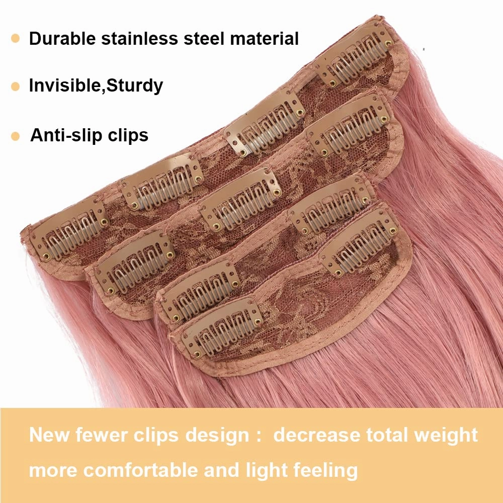 4PCS Clip in Hair Extensions 20Inch Long Wavy Hair Extensions Clip ins Synthetic Thick Hair Piece for Women (Pink)