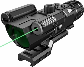 4X32 Prism Rifle Scope Optics Lightweight with Green/Red Laser 7 Level Red Illuminated Reticle Clear Green Lens Reticle 4X Magnification for 20mm Rail Mounts