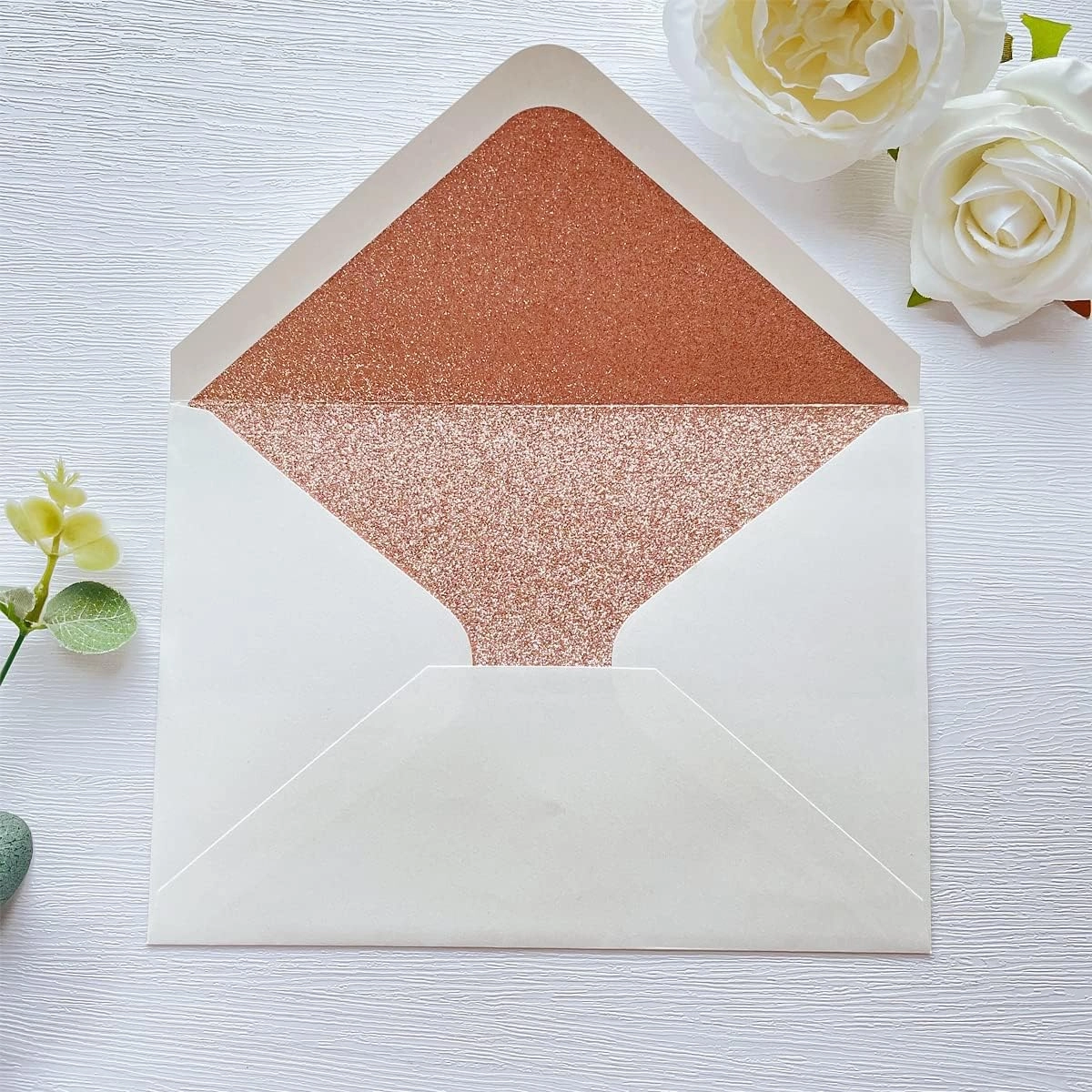50 PCS A7 Pearlescent Rose Gold Glitter Envelopes, 5.25 x 7.5 inches, Perfect for 5''x7'' Weddings Invitation Cards, Greeting Invite Envelope (Pearl Ivory   Rose Gold Glitter Liner)
