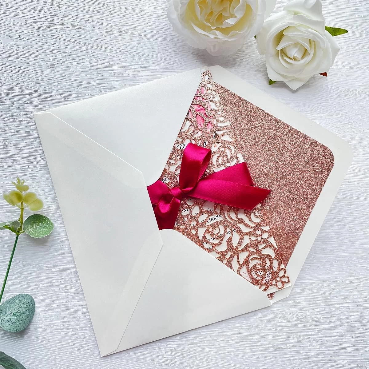 50 PCS A7 Pearlescent Rose Gold Glitter Envelopes, 5.25 x 7.5 inches, Perfect for 5''x7'' Weddings Invitation Cards, Greeting Invite Envelope (Pearl Ivory   Rose Gold Glitter Liner)