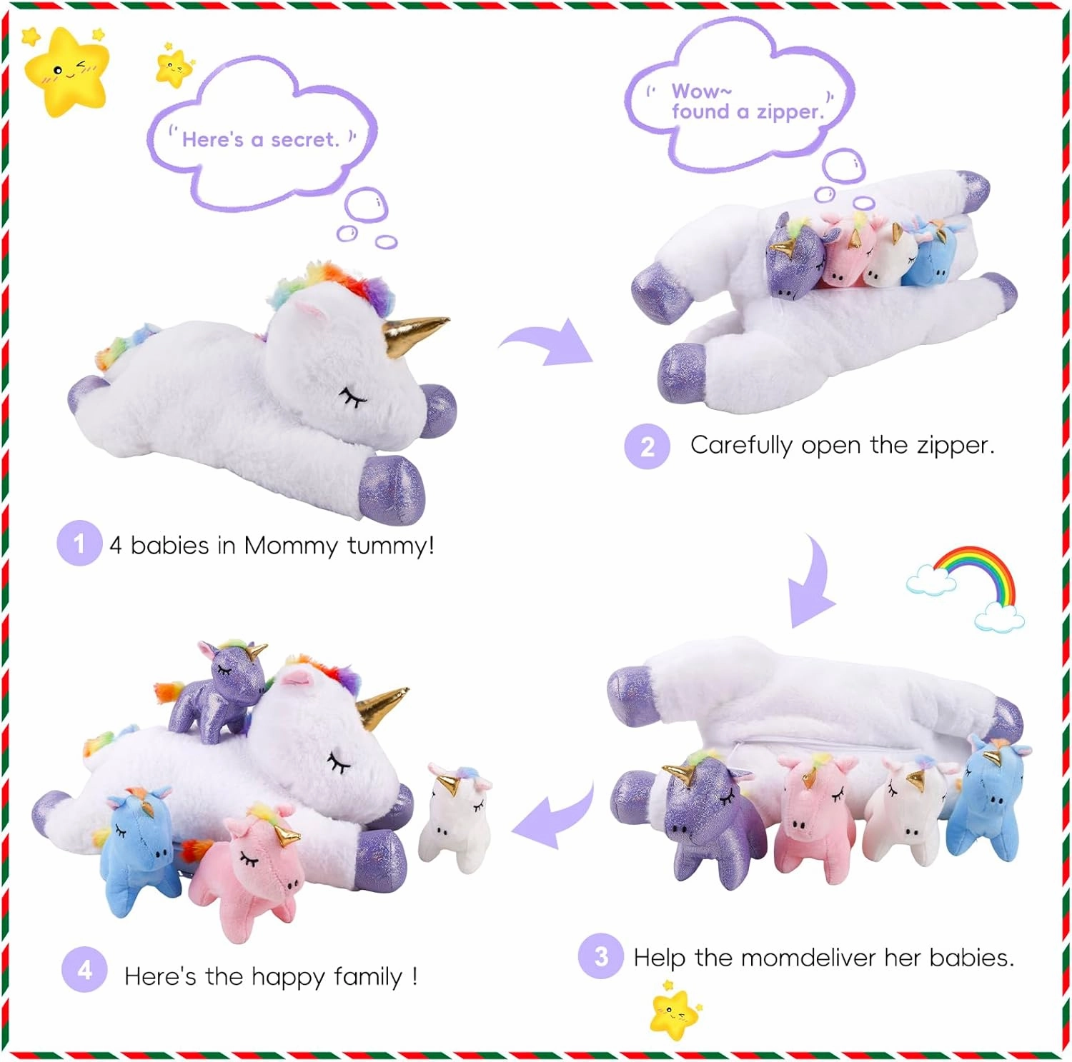 5 Pieces Magical Creature Stuffed Animals for Girls, 1 Big Mommy with 4 Mini Babies, Soft Plush Toys for Kids Ages 3 and Up,Great for Toddler, Girls, Boys