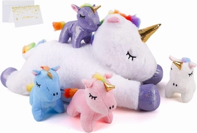 5 Pieces Magical Creature Stuffed Animals for Girls, 1 Big Mommy with 4 Mini Babies, Soft Plush Toys for Kids Ages 3 and Up,Great for Toddler, Girls, Boys