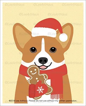 5DH - Red and White Corgi Dog Eating Gingerbread Man Cookie UNFRAMED Wall Art Print by Lee ArtHaus