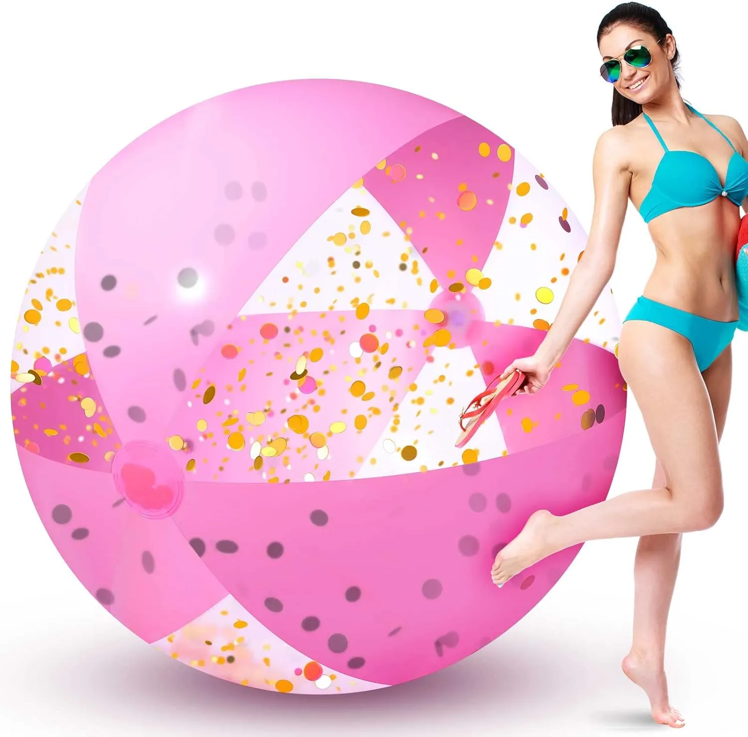 60 Inch Giant Pink Beach Ball Glitter Inflatable Beach Ball Jumbo 5 Feet Glitter Confetti Pool Ball Pink Swimming Pool Toy for Teens Boys Girls Summer Beach Water Play Swimming Pool Party Favor