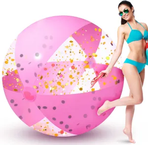 60 Inch Giant Pink Beach Ball Glitter Inflatable Beach Ball Jumbo 5 Feet Glitter Confetti Pool Ball Pink Swimming Pool Toy for Teens Boys Girls Summer Beach Water Play Swimming Pool Party Favor