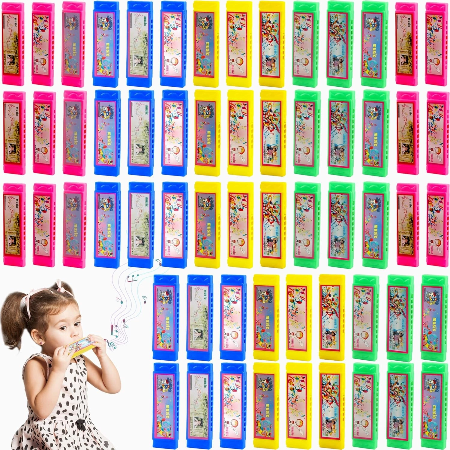 60 Pcs Cartoon Harmonica Bulk Plastic 5 Hole Mini Harmonica Toy for Kids Party Goodie Bags Stuffers, Random Color Pattern