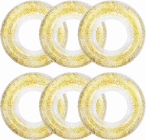 6 Pcs Inflatable Pool Float Tube 30 Inch Swimming Ring with Confetti Glitter Inner Tubes Transparent Swim Floaties Funny Water Floats Toys for Kids Adults Beach Party Supplies (Gold)