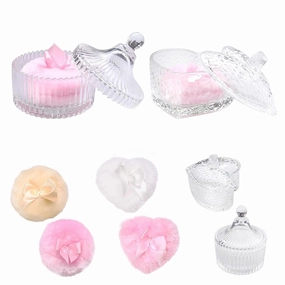 6 Pcs Large Body Powder Puff with Container Reusable Powder Puff and Puff Powder Crystal Container for Glitter Face and Body Makeup, Washable Velour Wet and Dry Use (Round,Heart)