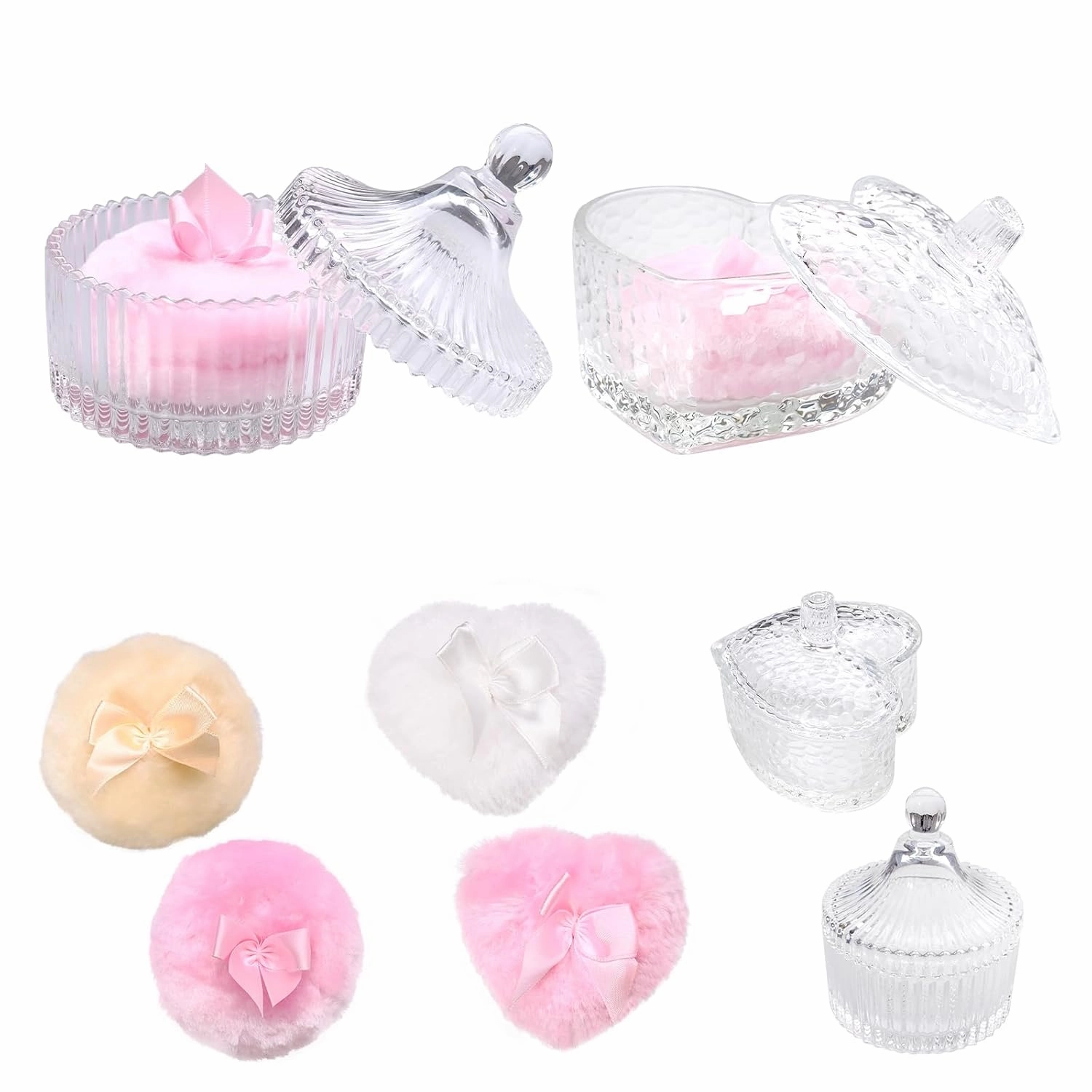 6 Pcs Large Body Powder Puff with Container Reusable Powder Puff and Puff Powder Crystal Container for Glitter Face and Body Makeup, Washable Velour Wet and Dry Use (Round,Heart)