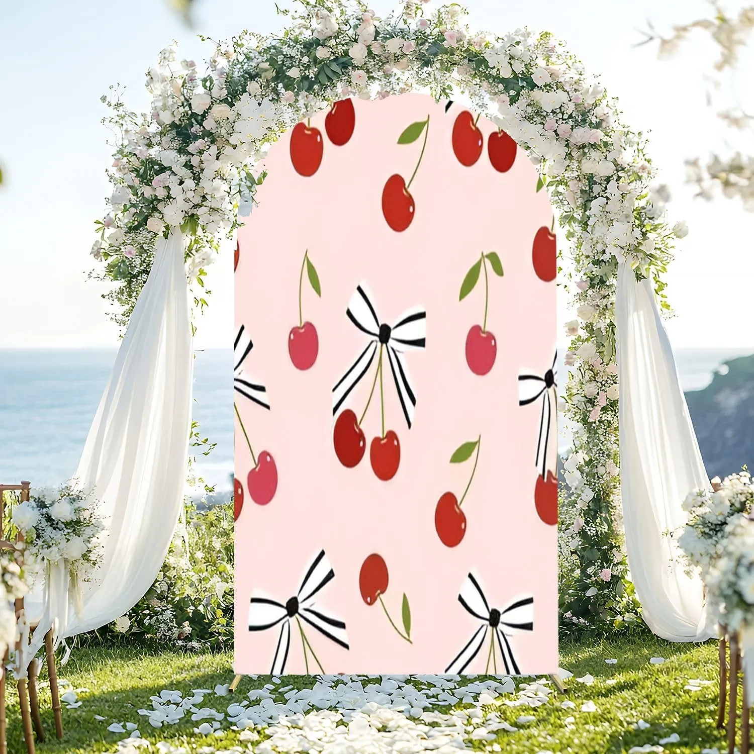 7.2FT Wedding Arch Backdrop Cover Seamless red Tones Cherry Striped Black Pastel Peach Spandex Fitted Round Top Arch Stand Covers for Birthday Party Baby Shower Banquet Decoration