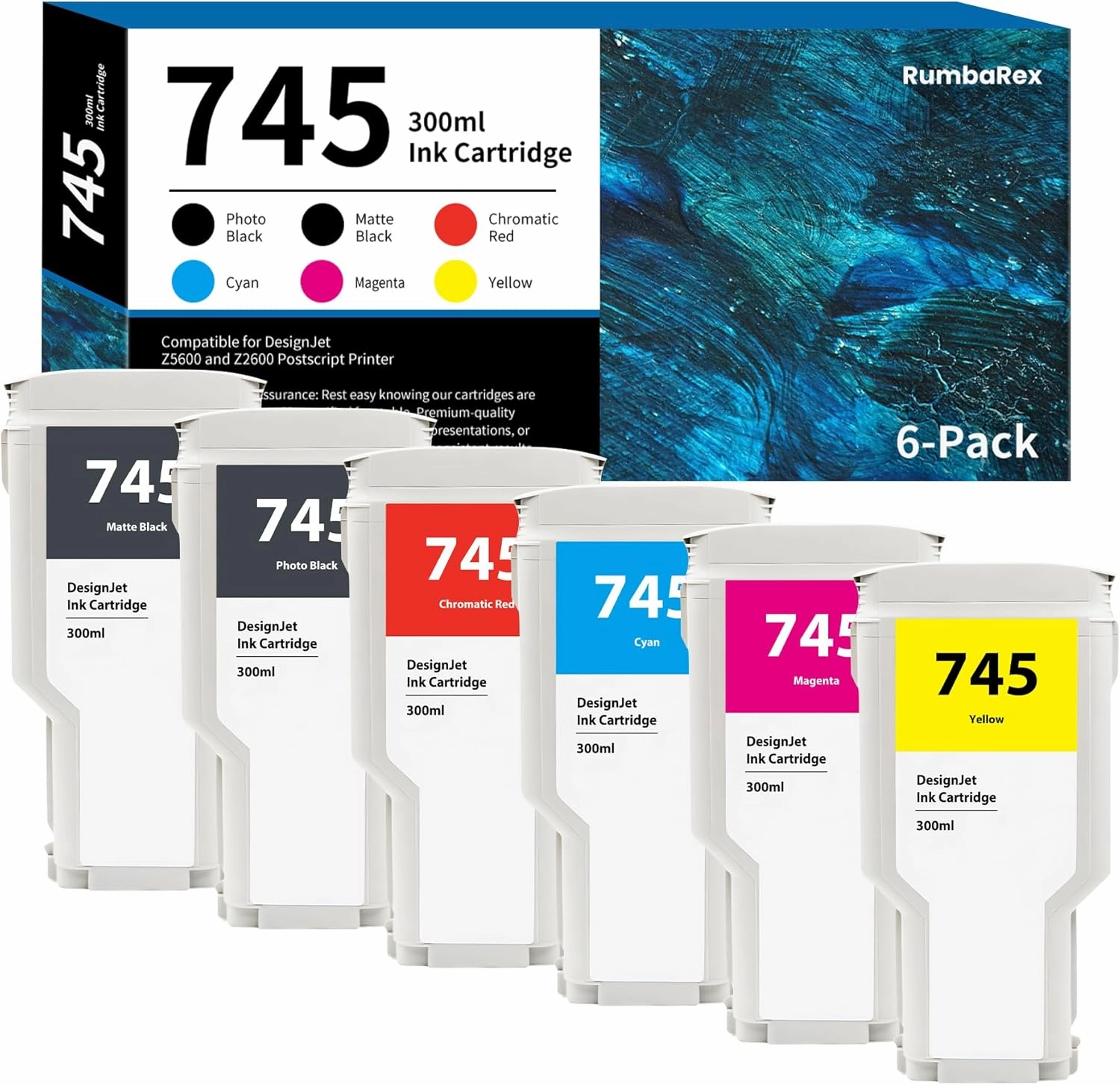 745 Ink Cartridges 300ml 6-Pack F9K06A F9K05A F9K04A F9K03A F9K02A F9K01A Replacement for HP 745 Ink Cartridge for DesignJet Z5600 Z2600 Postscript Printer Ink 745XL (MK/PK/CR/C/M/Y)