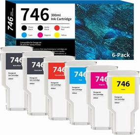 746 Ink Cartridges High-Capacity 300ml 6-Pack (PK/MK/CR/C/M/Y) Replacement for HP 746 Ink Cartridge P2V78A P2V79A P2V80A P2V81A P2V82A P2V83A for DesignJet Z6 & Z9  Large Format Printer Ink 746XL