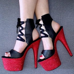 7" Fire Engine Matte Black Lace Up VEGAN Glitter Heels