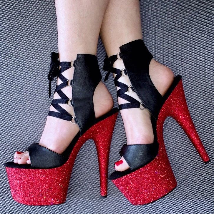 7" Fire Engine Matte Black Lace Up VEGAN Glitter Heels