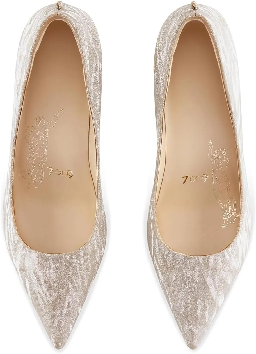 7or9 Gold Heels for Women Comfortable Air-Touch Foam Glitter White Heels Bridal Prom Heels Pointed Toe Stiletto High Heels 3.54"