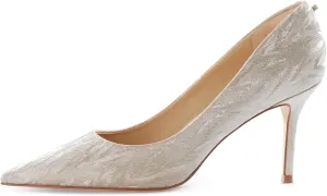 7or9 Gold Heels for Women Comfortable Air-Touch Foam Glitter White Heels Bridal Prom Heels Pointed Toe Stiletto High Heels 3.54"