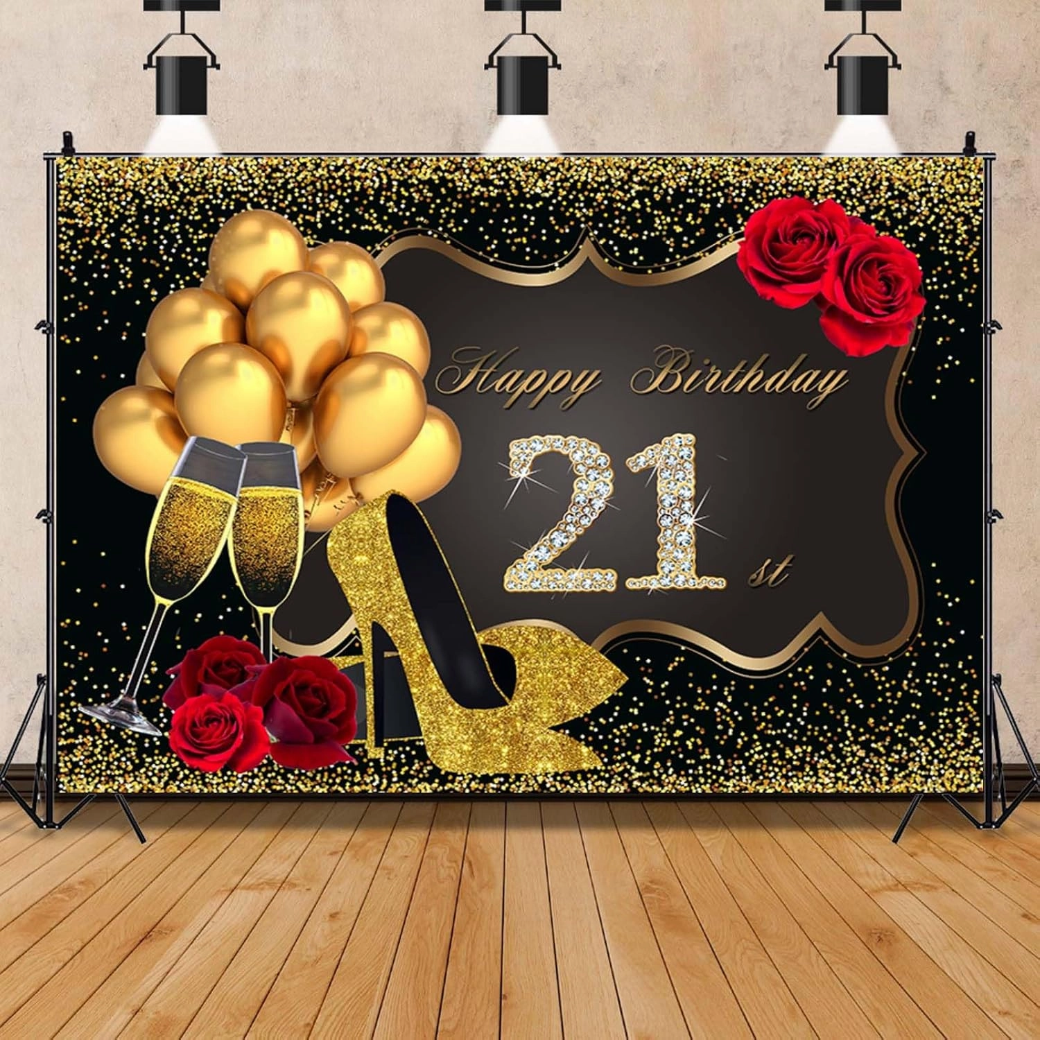 7x5ft Women 21th Birthday Decorations Happy Birthday Backdrop Photography Background 21th Birthday Party Supplies Golden High Heels Birthday Party Decor Banner Photo Booth Props Vinyl