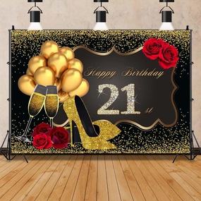 7x5ft Women 21th Birthday Decorations Happy Birthday Backdrop Photography Background 21th Birthday Party Supplies Golden High Heels Birthday Party Decor Banner Photo Booth Props Vinyl