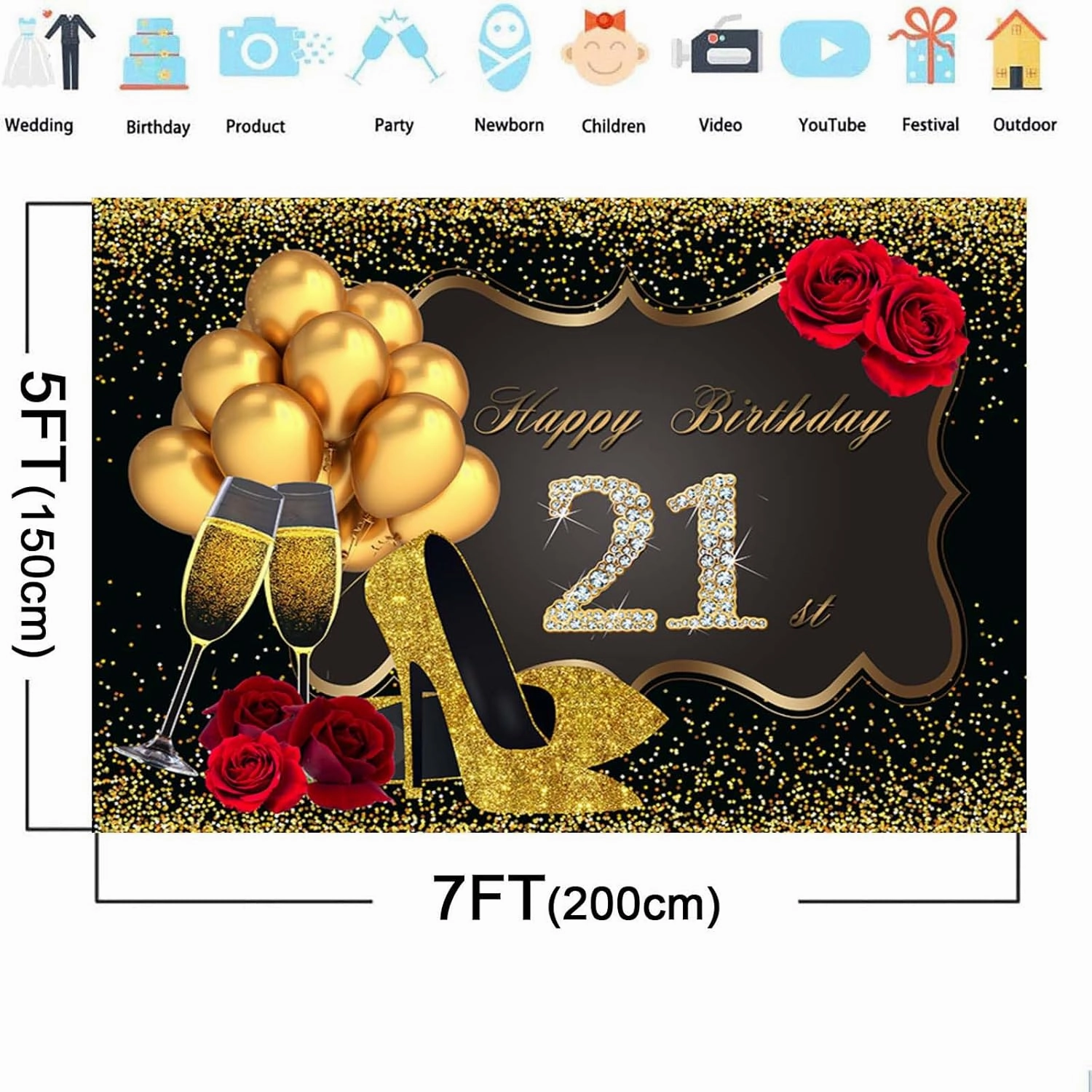 7x5ft Women 21th Birthday Decorations Happy Birthday Backdrop Photography Background 21th Birthday Party Supplies Golden High Heels Birthday Party Decor Banner Photo Booth Props Vinyl