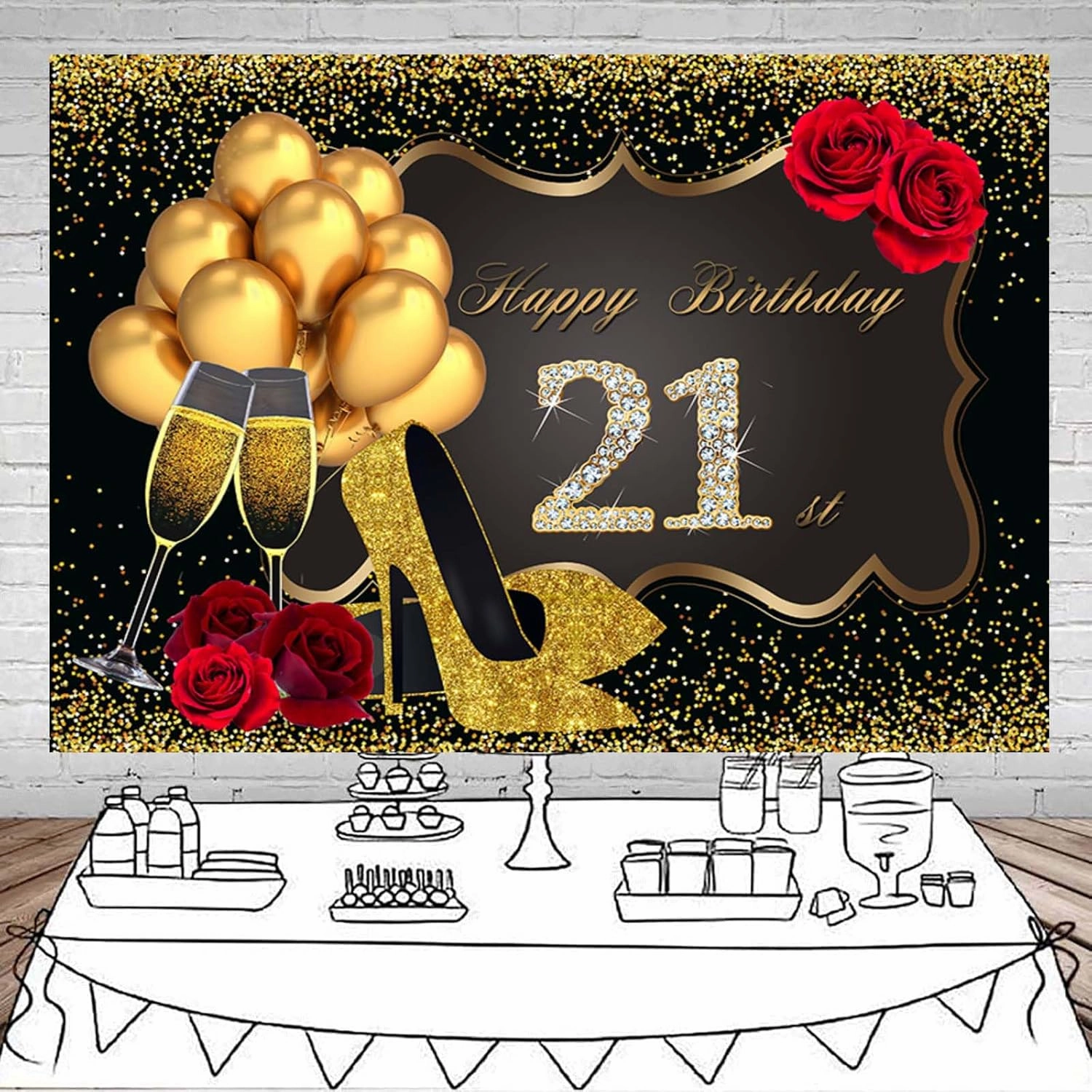 7x5ft Women 21th Birthday Decorations Happy Birthday Backdrop Photography Background 21th Birthday Party Supplies Golden High Heels Birthday Party Decor Banner Photo Booth Props Vinyl