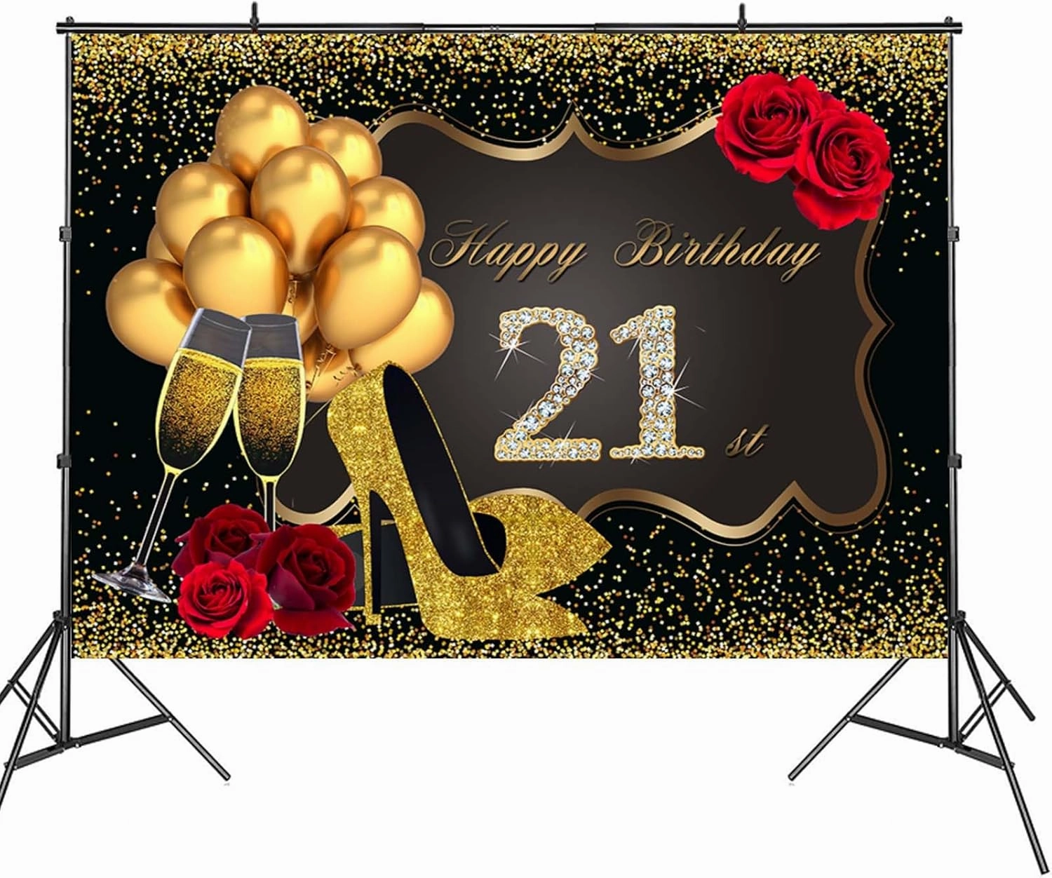 7x5ft Women 21th Birthday Decorations Happy Birthday Backdrop Photography Background 21th Birthday Party Supplies Golden High Heels Birthday Party Decor Banner Photo Booth Props Vinyl