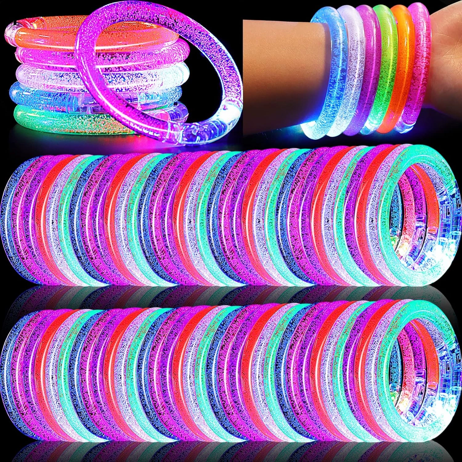 80 Pack LED Bracelets,6 Color Glow Bracelet Glow in The Dark Bracelets,Flashing Light Up Bracelet for Adults,Glow Stick Bracelet for Concerts Festivals Carnival Rave Neon Party Supplies