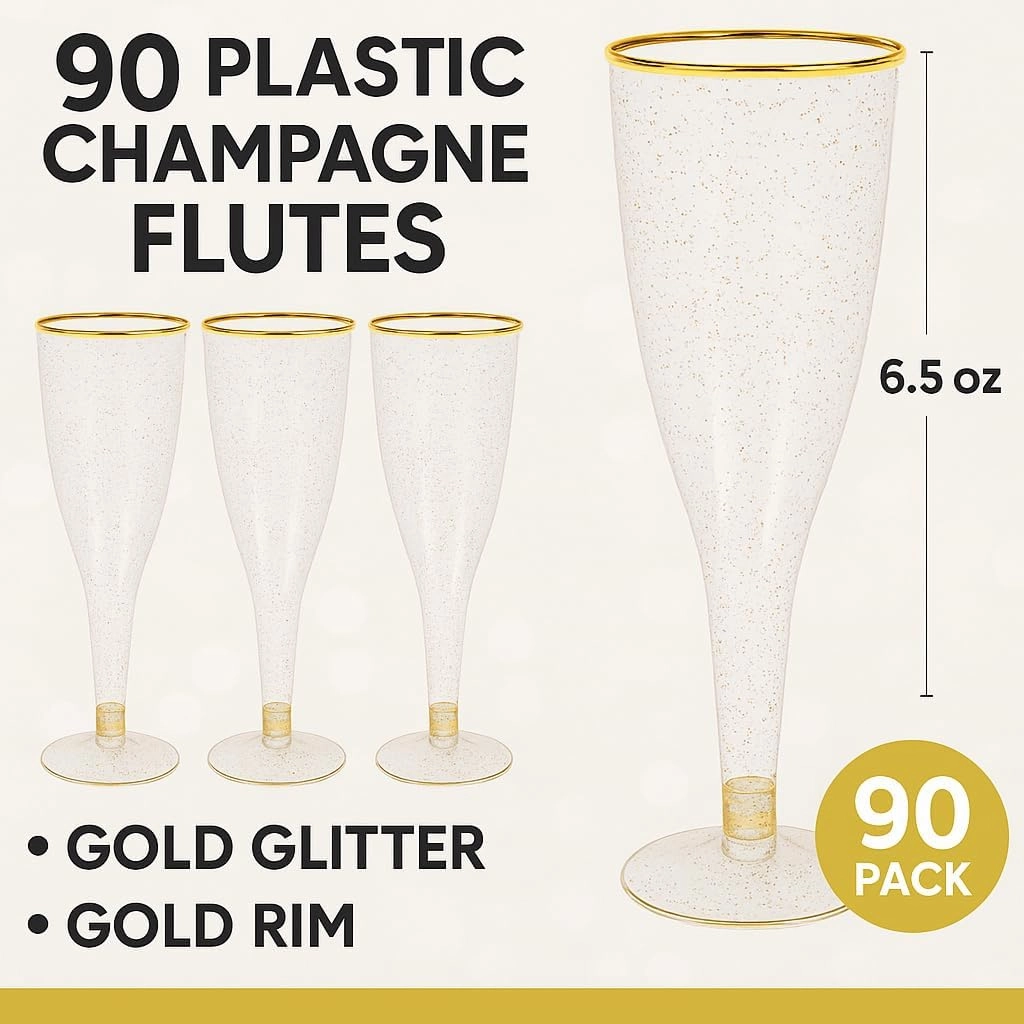 90 Plastic 6.5 oz Disposable Champagne Flutes Ideal for Toasting Wedding Birthday Baby Showers Mimosa Cocktails Parties, 6.5 Ounces (Gold Glitter With Gold Rim)