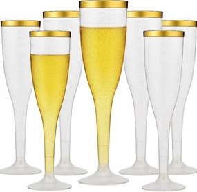 90 Plastic 6.5 oz Disposable Champagne Flutes Ideal for Toasting Wedding Birthday Baby Showers Mimosa Cocktails Parties, 6.5 Ounces (Gold Glitter With Gold Rim)