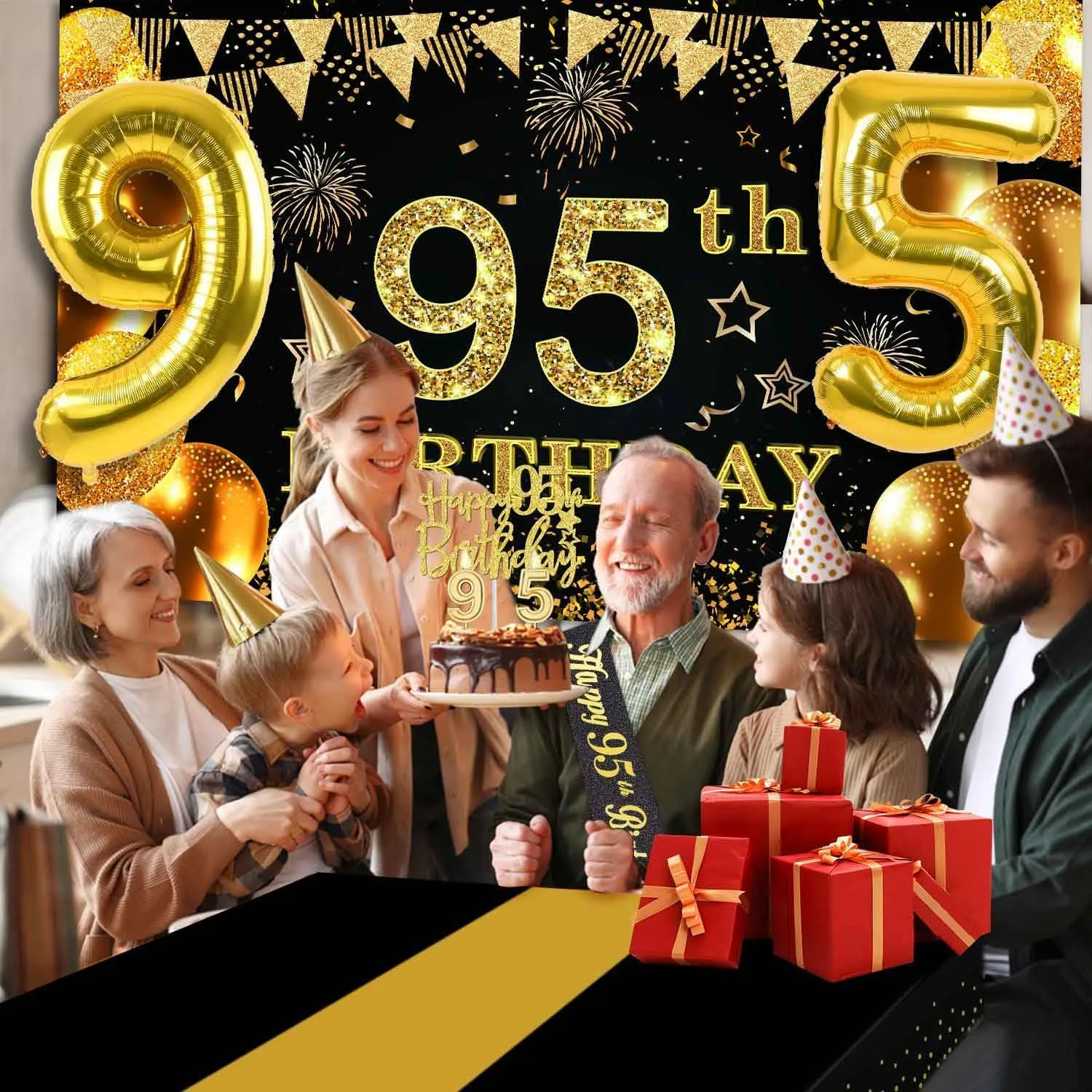 95th Birthday Party Decorations with 95th Birthday Banner, Black and Gold Table Cloth, Number Balloons, Large Sash, Cake Topper and Candles