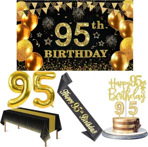 95th Birthday Party Decorations with 95th Birthday Banner, Black and Gold Table Cloth, Number Balloons, Large Sash, Cake Topper and Candles
