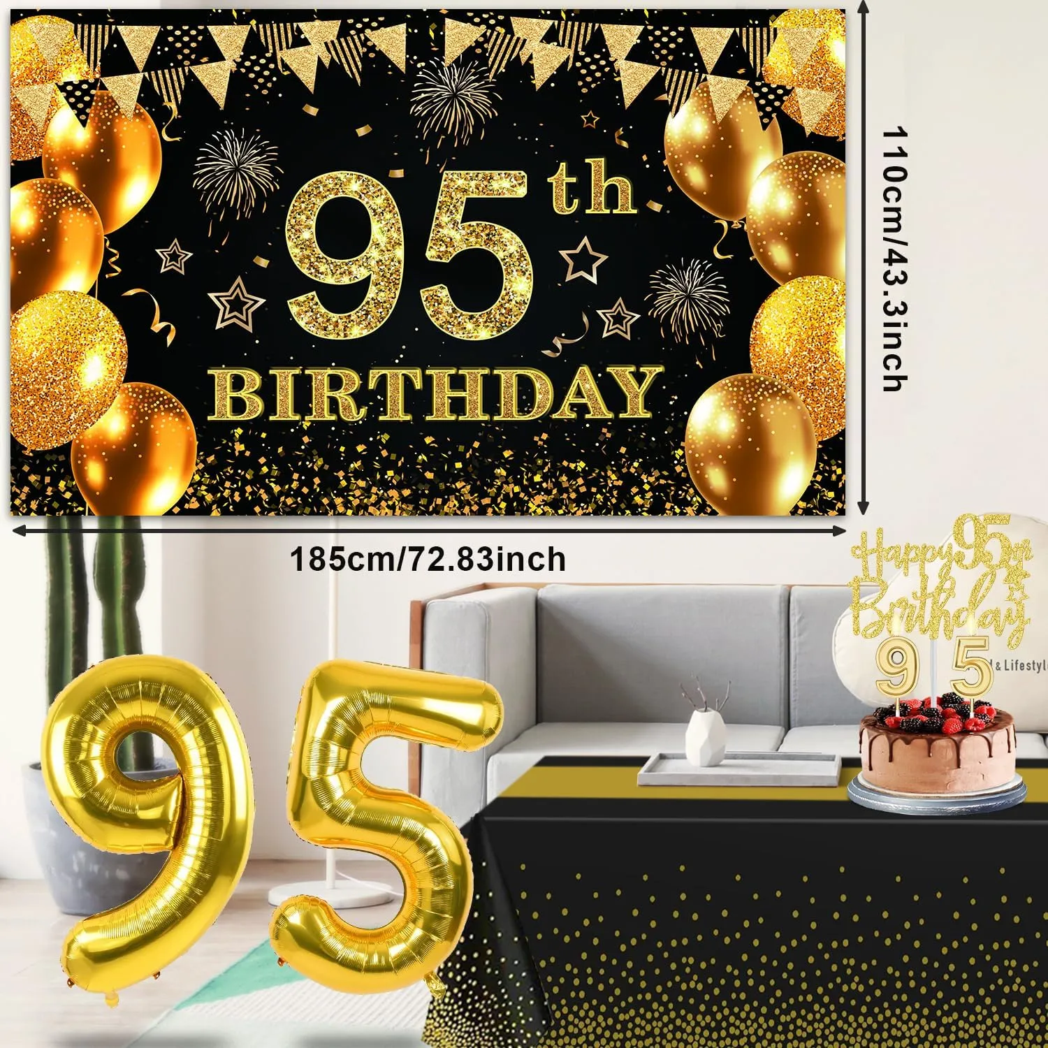 95th Birthday Party Decorations with 95th Birthday Banner, Black and Gold Table Cloth, Number Balloons, Large Sash, Cake Topper and Candles