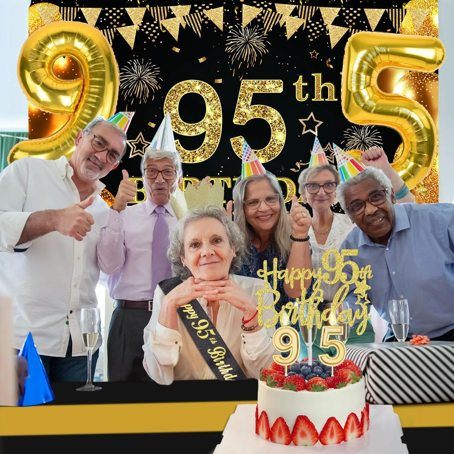 95th Birthday Party Decorations with 95th Birthday Banner, Black and Gold Table Cloth, Number Balloons, Large Sash, Cake Topper and Candles