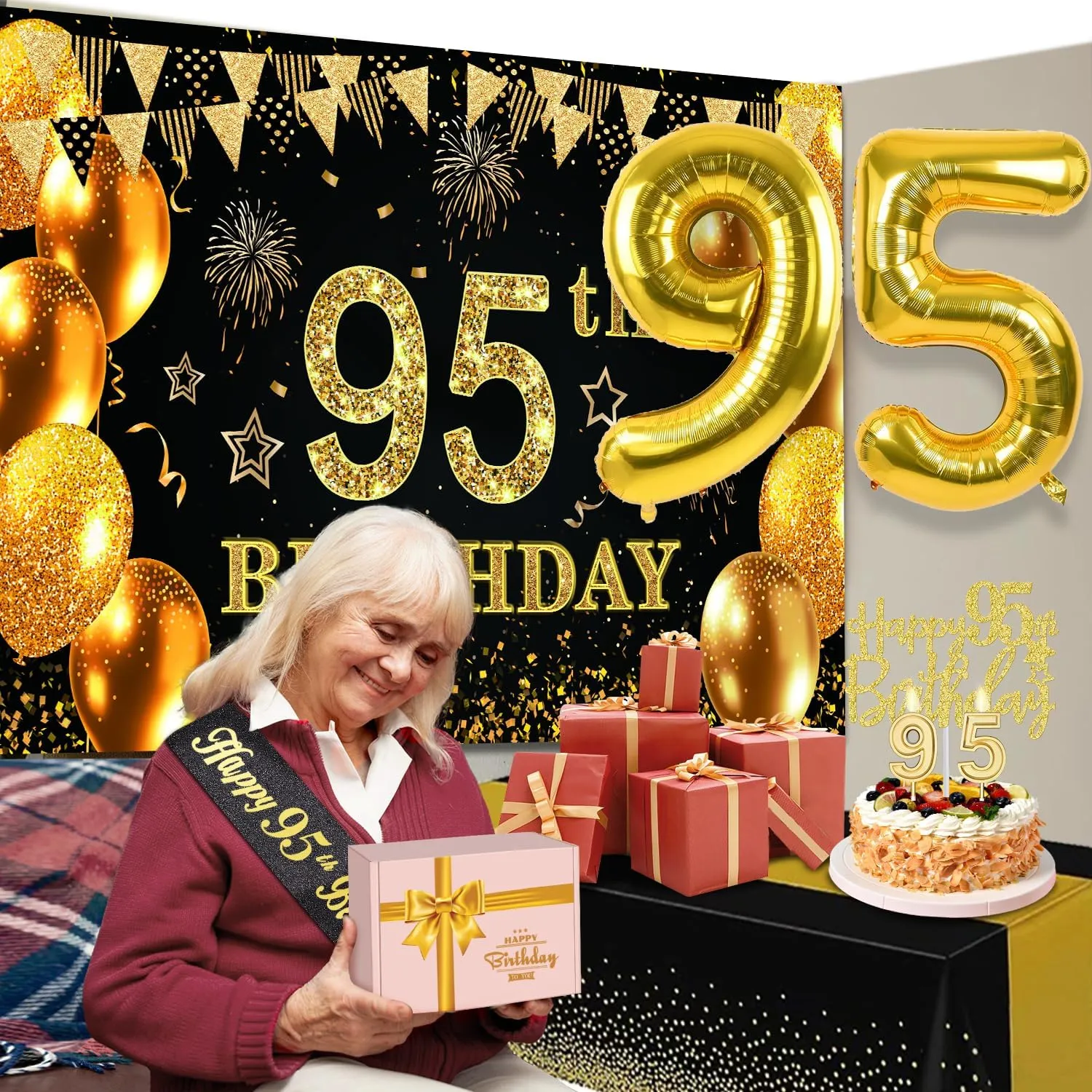 95th Birthday Party Decorations with 95th Birthday Banner, Black and Gold Table Cloth, Number Balloons, Large Sash, Cake Topper and Candles