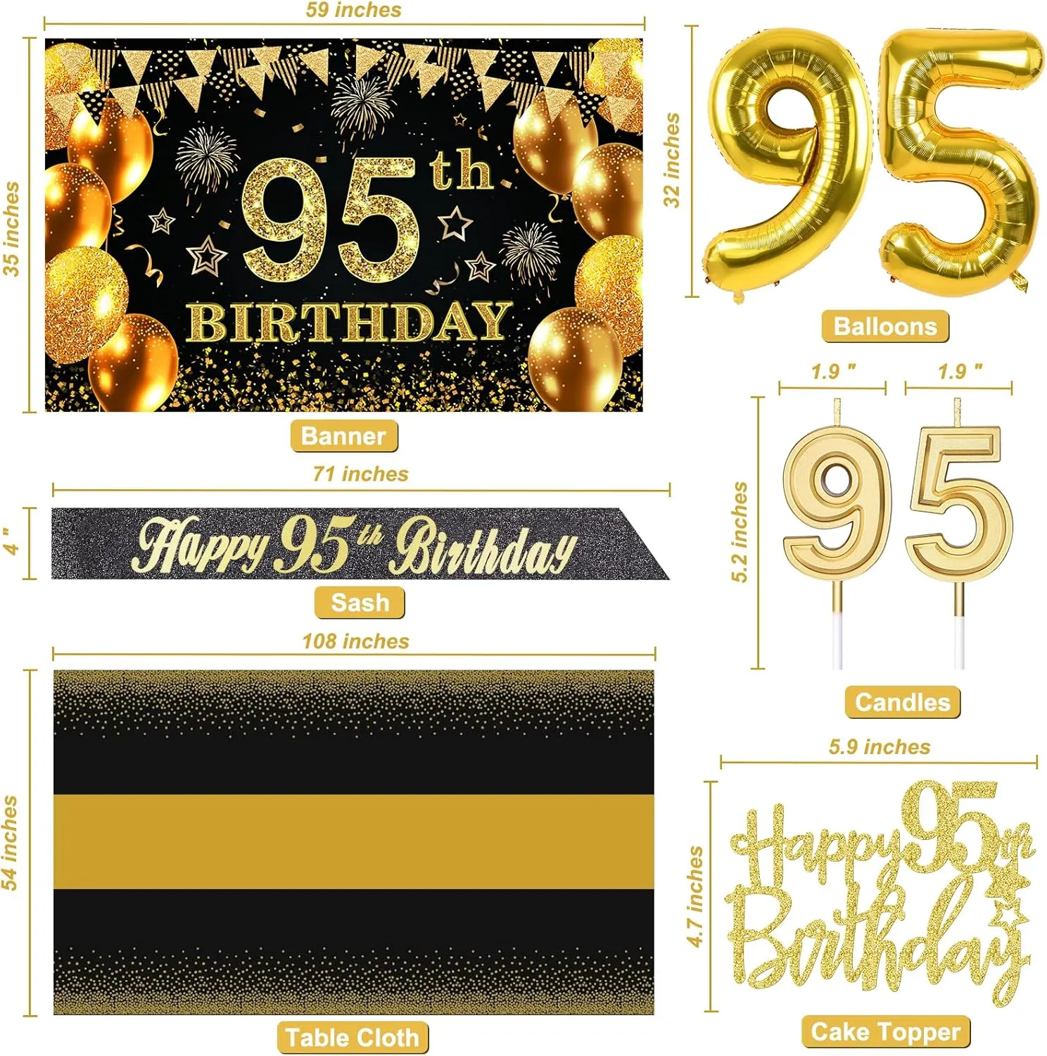 95th Birthday Party Decorations with 95th Birthday Banner, Black and Gold Table Cloth, Number Balloons, Large Sash, Cake Topper and Candles