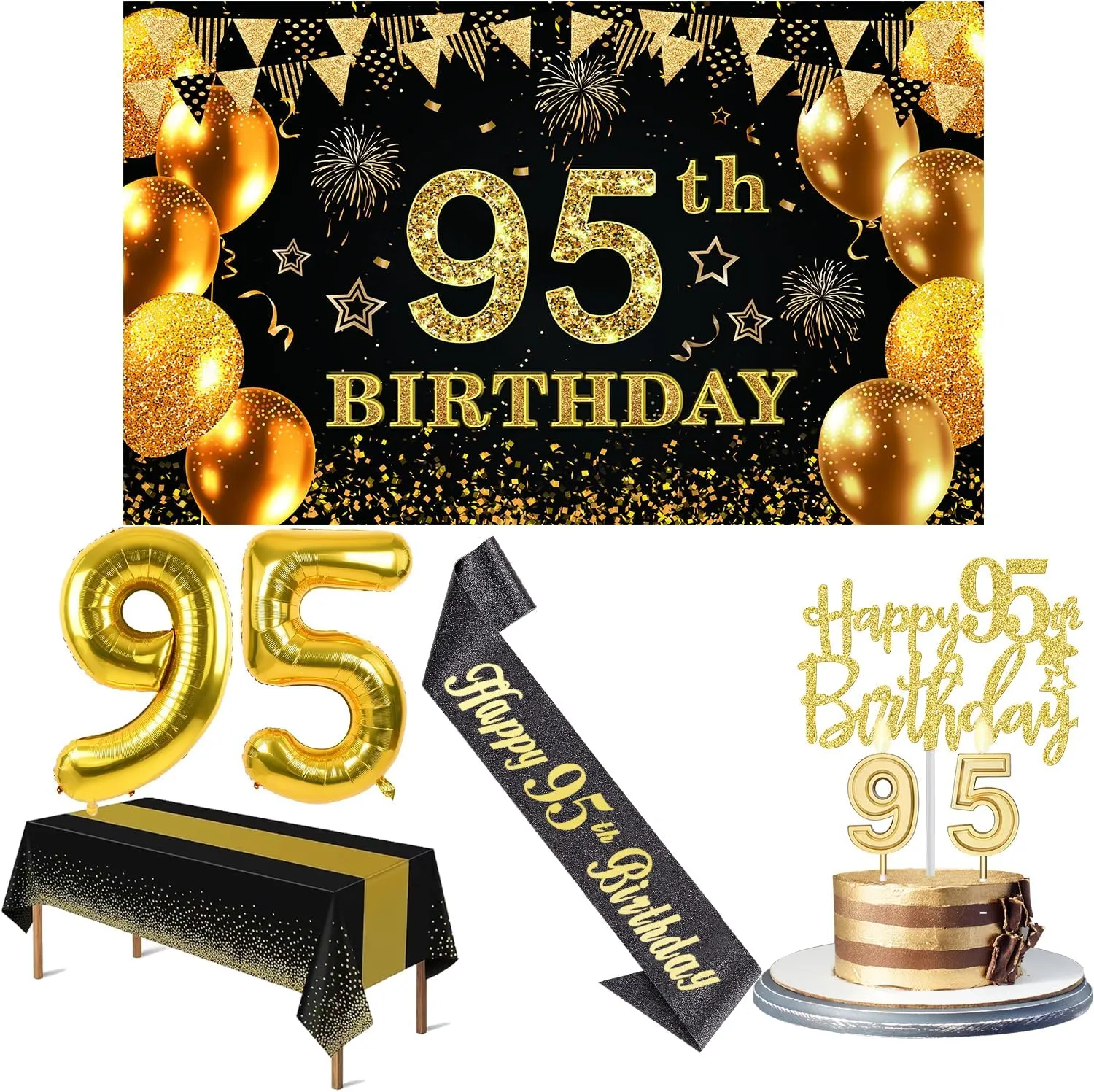 95th Birthday Party Decorations with 95th Birthday Banner, Black and Gold Table Cloth, Number Balloons, Large Sash, Cake Topper and Candles