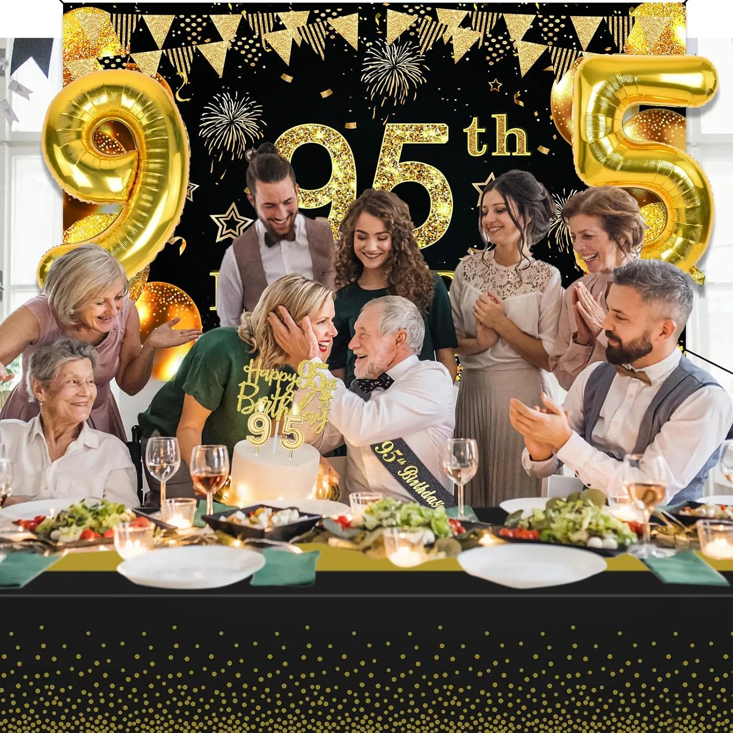 95th Birthday Party Decorations with 95th Birthday Banner, Black and Gold Table Cloth, Number Balloons, Large Sash, Cake Topper and Candles