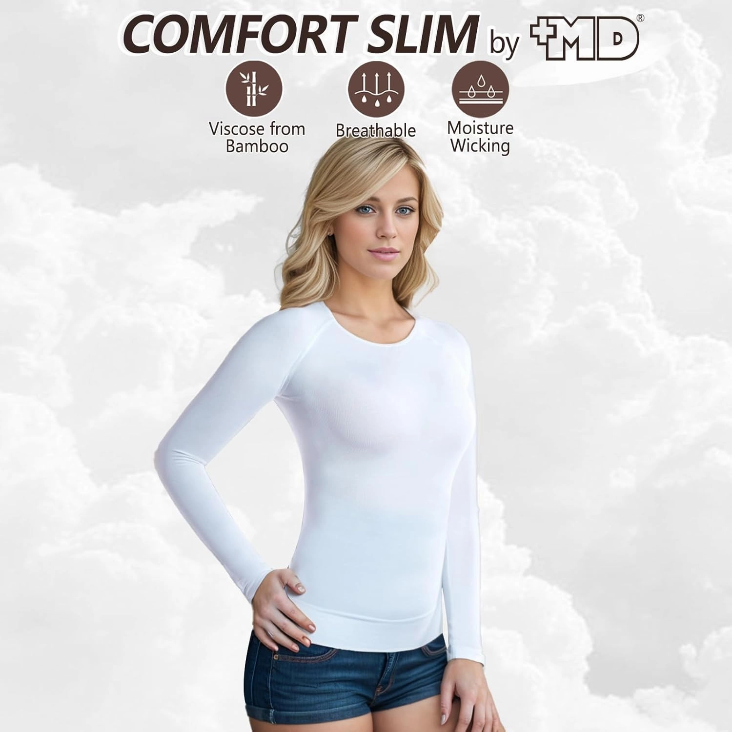  MD Womens Long Sleeve Undershirts Tops, Bamboo Round Neck Slim Fit Baselayer, Soft Thermal Underwear, Light Compression