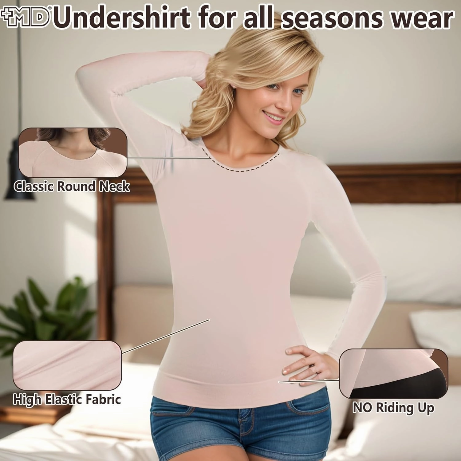  MD Womens Long Sleeve Undershirts Tops, Bamboo Round Neck Slim Fit Baselayer, Soft Thermal Underwear, Light Compression