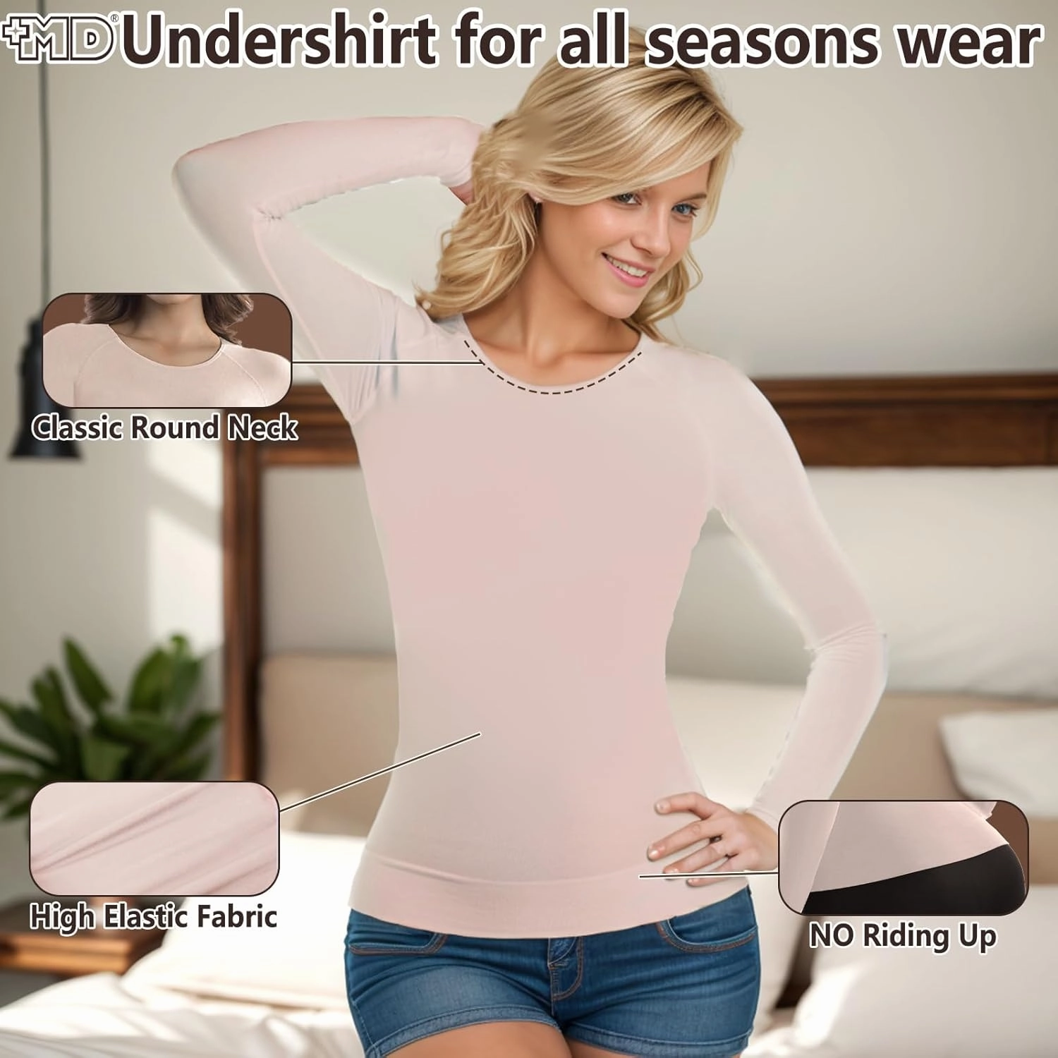  MD Womens Long Sleeve Undershirts Tops, Bamboo Round Neck Slim Fit Baselayer, Soft Thermal Underwear, Light Compression