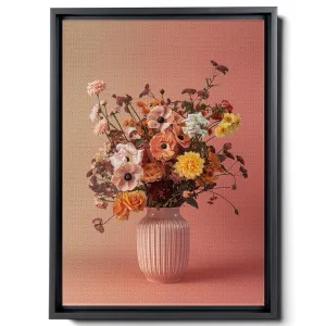 A Vase Filled With Flowers On A Pink Background, Minimalist Illustrator Style, Dark Beige And Amber, Restrained Serenity, Light Orange And Dark Emerald, Canvas Prints