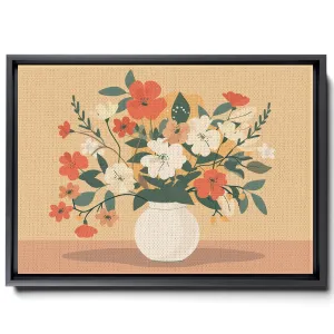 A Vase Filled With Flowers On A Pink Background, Minimalist Illustrator Style, Dark Beige And Amber, Restrained Serenity, Light Orange And Dark Emerald, Canvas Prints
